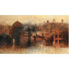 A. Q. Arif, Amber Sunset of the East, 24 x 42 Inch, Oil on Canvas, Cityscape Painting, AC-AQ-223