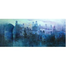 A. Q. Arif, Dawn in Blue, 24 x 60 Inch, Oil on Canvas, Cityscape Painting, AC-AQ-230