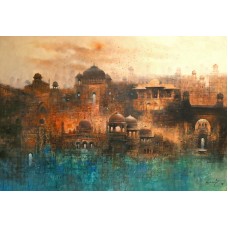 A. Q. Arif, Distant Fortress, 40 x 60 Inch, Oil on Canvas, Cityscape Painting, AC-AQ-239