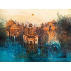 A. Q. Arif, Golden Mirage on Blue, 36 x 48 Inch, Oil on Canvas, Cityscape Painting, AC-AQ-233