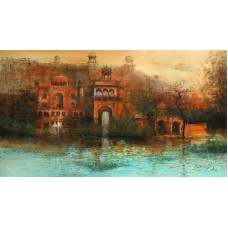 A. Q. Arif, Mirage over the River, 24 x 42 Inch, Oil on Canvas, Cityscape Painting, AC-AQ-228