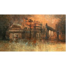 A. Q. Arif, Reflections of the Past, 24 x 42 Inch, Oil on Canvas, Cityscape Painting, AC-AQ-229