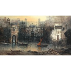 A. Q. Arif, River Merchants of Bhambore, 24 x 42 Inch, Oil on Canvas, Cityscape Painting, AC-AQ-224