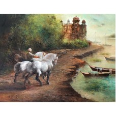 A. Q. Arif, Silver Stallions, 36 x 48 Inch, Oil on Canvas, Cityscape Painting, AC-AQ-295