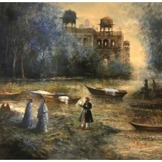 A. Q. Arif, The Misty Banks of Ravi, 48 x 48 Inch, Oil On Canvas, Cityscape Painting, AC-AQ-382