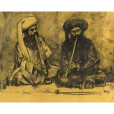 Doda Baloch, Marri Tribes Men Playing Flute I, 20 x 27 Inch, Charcoal on Paper, Figurative Painting, AC-DDB-001