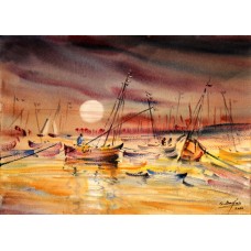 Ghalib Baqar, 11 x 15 Inch, Watercolor on Paper,Seascape Painting, AC-GBQ-03