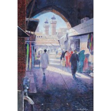 Ghulam Mustafa, Dark Gate View of Wazir Khan Mosque, 24 x 36 Inch, Oil on Canvas, Cityscape Painting, AC-GLM-024