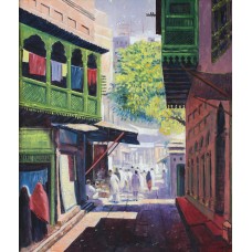Ghulam Mustafa, Green Balkoni Inside Lohari Gate, 30 x 36 Inch, Oil on Canvas, Cityscape Painting, AC-GLM-008
