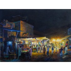 Hanif Shahzad, Empress market at night, 21 x 28 Inch, Oil on Canvas, AC-HNS-002