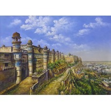 Hanif Shahzad, Gwalior fort is Hillside Madhya Pradesh, 27 x 36 Inch, Oil on Canvas, Cityscape Painting, AC-HNS-036