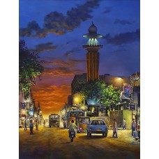 Hanif Shahzad, Memon Masjid Sunset, 27 x 36 Inch, Oil on Canvas, Cityscape Painting, AC-HNS-040