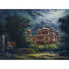 Hanif Shahzad, Mohatta Palace Moon Light-I, 35 x 46 Inch, Oil on Canvas, Cityscape Painting, AC-HNS-041