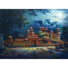 Hanif Shahzad, Mohatta Palace Moon Light-II, 35 x 46 Inch, Oil on Canvas, Cityscape Painting, AC-HNS-042