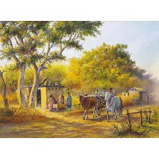 Hanif Shahzad, Village Life, 27 x 36 Inch, Oil on Canvas, Cityscape Painting, AC-HNS-052