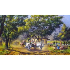 Hanif Shahzad, Village Life-II, 42 x 66 Inch, Oil on Canvas, Cityscape Painting, AC-HNS-053