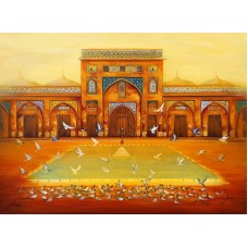 S. A. Noory, Wazir Khan Mosque - Lahore, 18 x 24 Inch, Acrylic on Canvas, Cityscape Painting, AC-SAN-111