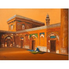 S. A. Noory, Wazir Khan Mosque - Lahore, 18 x 24 Inch, Acrylic on Canvas, Cityscape Painting, AC-SAN-113