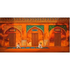 S. A. Noory, Wazir Khan Mosque - Lahore, 18 x 36 Inch, Acrylic on Canvas, Cityscape Painting, AC-SAN-127