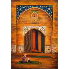 S. A. Noory, Wazir Khan Mosque - Lahore, 36 x 54 Inch, Acrylic on Canvas, Cityscape Painting, AC-SAN-130