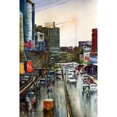 Sarfraz Musawir, Hafeez Centre Lahore, Watercolor , 15x22 Inch, Cityscape Painting