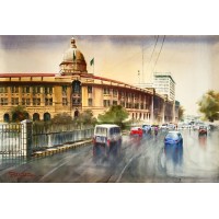 Sarfraz Musawir, Karachi Port Trust Building, Watercolor, 27x40 Inch,Cityscape, Painting, AC-SAR-043(EXB-019)