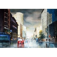 Sarfraz Musawir, Habib Bank Karachi I, Watercolor, 27x40 Inch,Cityscape Painting, AC-SAR-044(EXB-020)