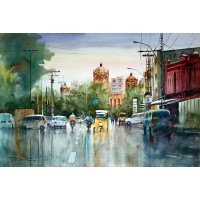 Sarfraz Musawir, Neela Gumbad Lahore, Watercolor, 27x40 Inch,Cityscape Painting