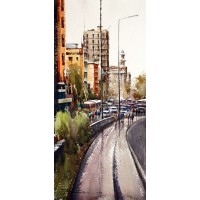 Sarfraz Musawir, Tower Karachi, Watercolor, 10x22 Inch,Cityscape Painting, AC-SAR-049(EXB-025)