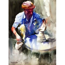 Sarfraz Musawir, Potter, Watercolor, 22x30 Inch, Cityscape Painting, AC-SAR-058(EXB-034)