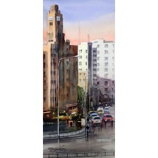 Sarfraz Musawir,  EFU General Building Tower Karachi, Watercolor on Paper, 10x22 Inch, Cityscape Painting, AC-SAR-072