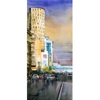 Sarfraz Musawir, Habib Bank Karachi II, Watercolor on Paper, 10 x 22 Inch, Cityscape Painting, AC-SAR-073