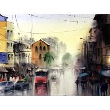 Sarfraz Musawir, M.A.Jinnah Road-II, 11 x15 Inch, Watercolor on Paper, Cityscape Painting, AC-SAR-089