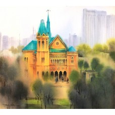 Sarfraz Musawir, Frere Hall Karachi, 20 x 22 Inch, Watercolor on Paper, Cityscape Painting, AC-SAR-159