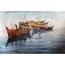 Shaima umer, Fishing Boats Gwadar Port II, 14 x 21 Inch, Water Color on Paper,  Seascape Painting, AC-SHA-021