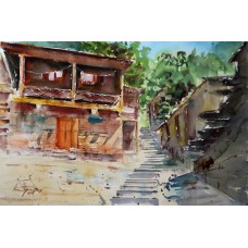 Shaima umer, Kalash House in Street Valley Chitral, 14 x 21 Inch, Water Color on Paper, Cityscape Painting, AC-SHA-031