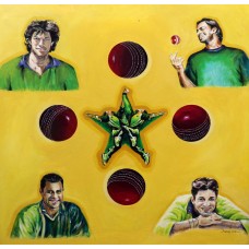 Shanzay Subzwari, 4 Bowling Legends IK, Shoaib Akhter, Wasim Akram and Waqar Younis, 36 x 36 Inch, Acrylics on Canvas, Figurative Painting, AC-SSB-011