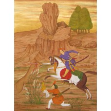 Syed A. Irfan, Prince Hunting Line, 10 x 14 Inch, Watercolor, Teawash& Gold on Wasli, Figurative Painting, AC-SAI-037