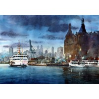 Javid Tabatabaei, Eskele Heydar Pasha in Istanbul, 18 x 26 Inch, Watercolour on Paper, Seascape Painting, AC-JTT-005