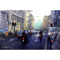 Pasqualino Fracasso, Milan Street, 14 x 22 Inch, Watercolour on Paper, Figurative Painting, AC-PSQ-003